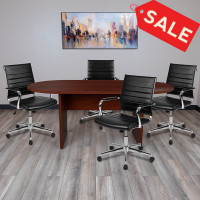 Flash Furniture BLN-6GCMHG595M-BK-GG 5 Piece Mahogany Oval Conference Table Set with 4 Black LeatherSoft Ribbed Executive Chairs